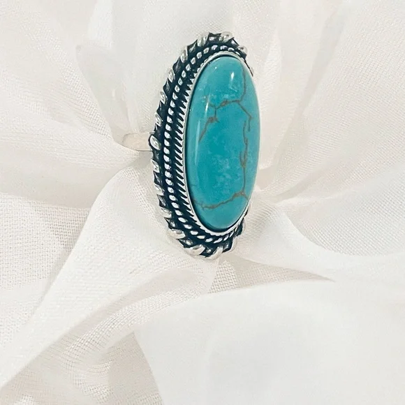 Sleeping Beauty Blue Turquoise Rhodium Plated 925 Sterling Silver Women's Ring - Picture 2 of 4